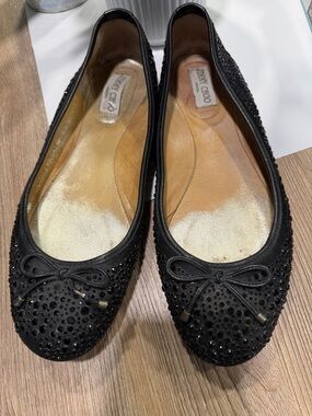 Jimmy Choo Black Crystal-Studded Ballet Flats with Bow